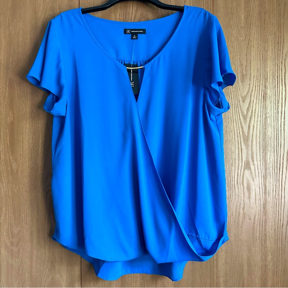 INC International Concepts Blue Short Sleeve Blouse Top, NWT, XL